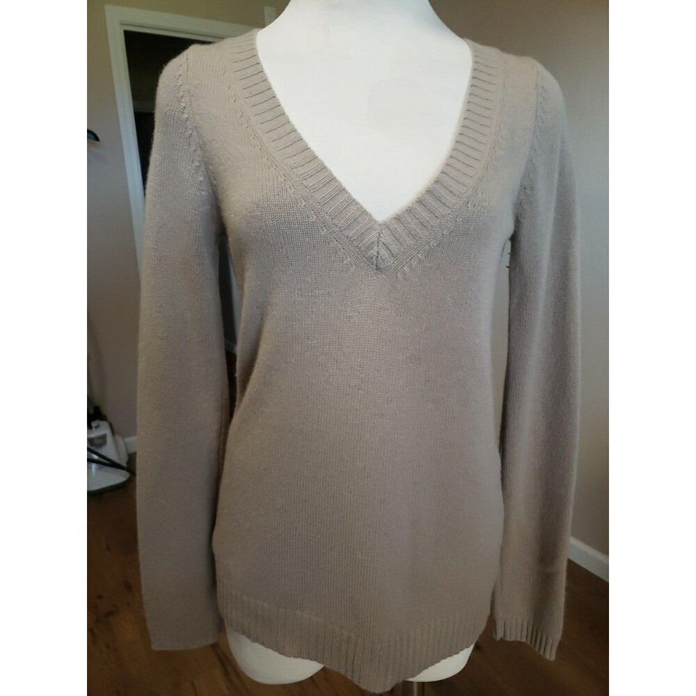 Club Monaco Sweater 100% Cashmere Ribbed Women's V-Neck Cuff Hem Beige Size M